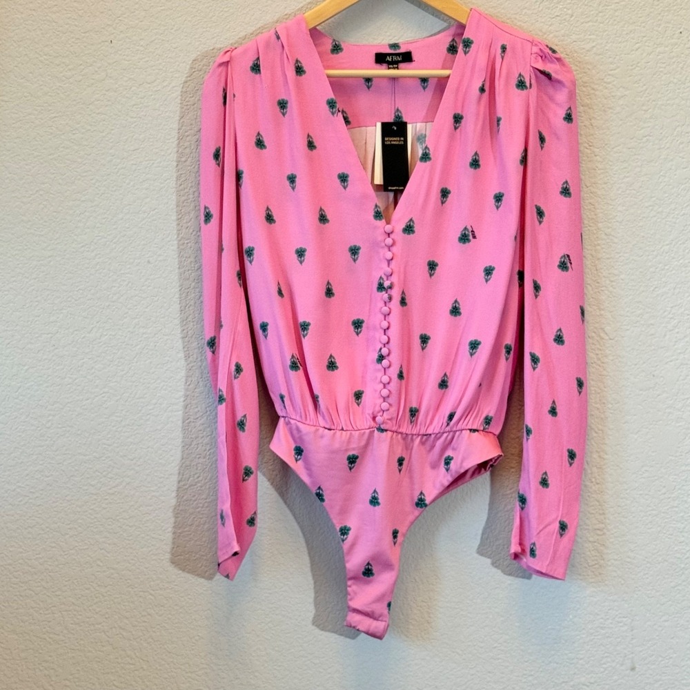 AFRM NWT Pink Floral Print Bodysuit Puff Sleeve V Neck Womens XS